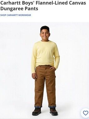 Carhartt Boys' Flannel-Lined Canvas Brown Dungaree Pants Carhartt Workwear Sz 8